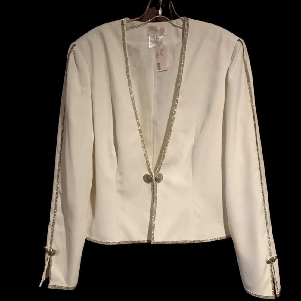LANDA Ivory/Winter White Evening Jacket w/Silver Bugle Beads, NWT, Women’s 12